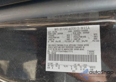 2000 Ford F-150 Work Series/Xl/Xlt из США, поврежденный, VIN 1FTZF1724YNB61775